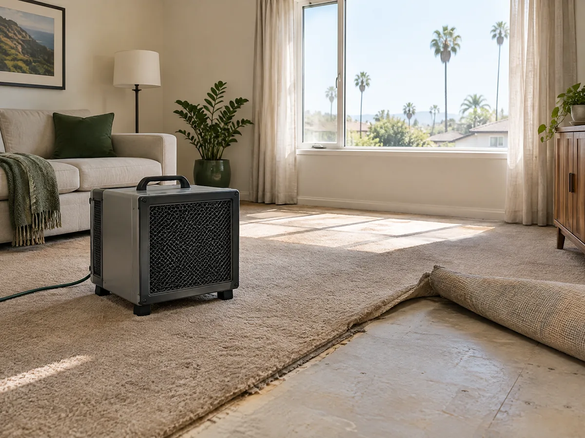 Illustrative living room with a portable air unit and carpet lifted for source review