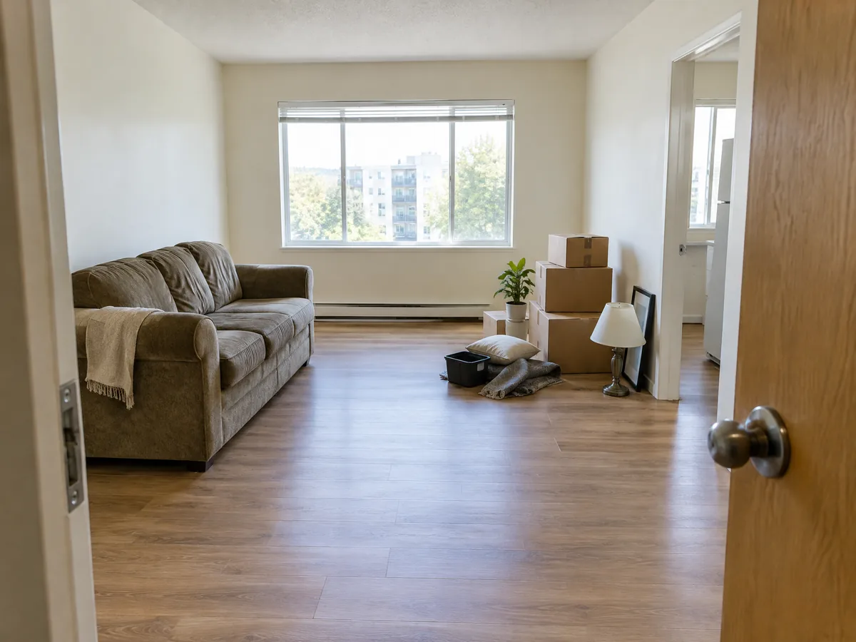 Representative rental apartment with a sofa and boxes remaining before turnover