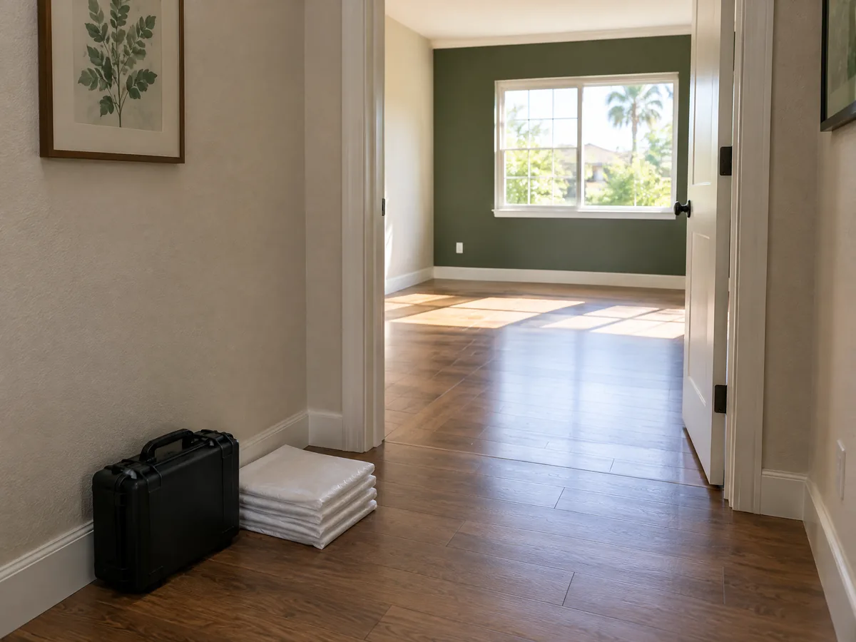 Illustrative quiet room with closed equipment case ready for a site assessment